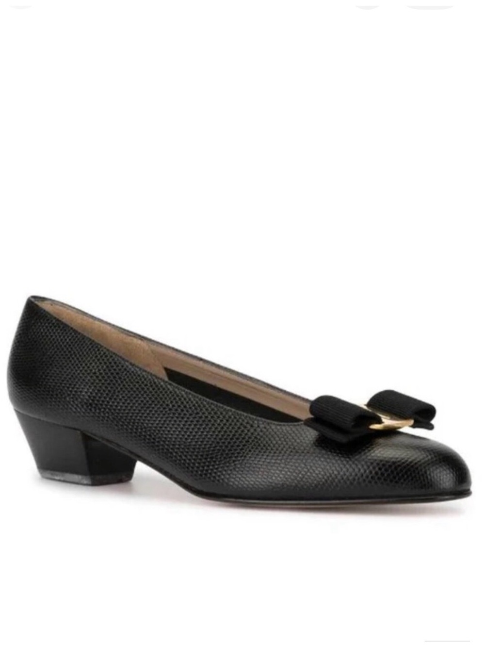 Salvatore Ferragamo VARA Vintage Black 7 c Pebbled Leather Snake Bow Block Heel
